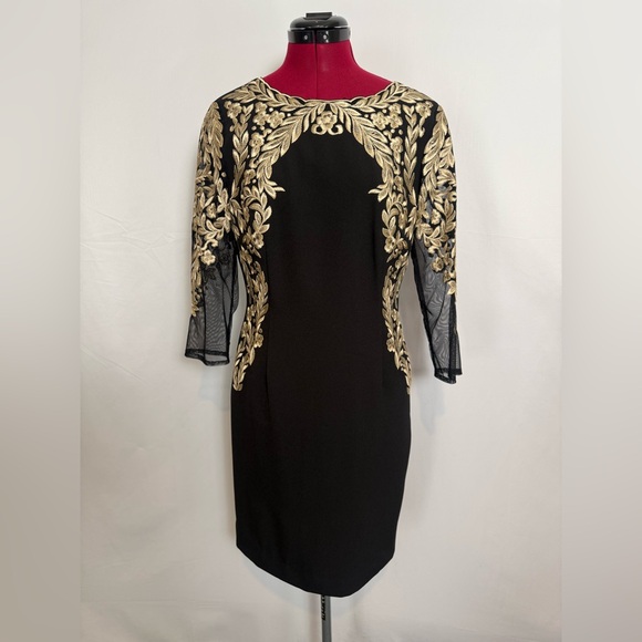 Antonio Melani Sheath Dress Women's Size 6 Black w/Gold Embroidery Sheer Sleeves - Picture 11 of 16